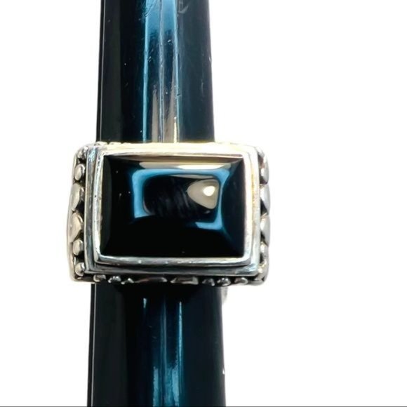 925 Thailand Silver Filigree Square Statement Ring with Black Onyx Cabochon Sz 9 - Picture 2 of 13